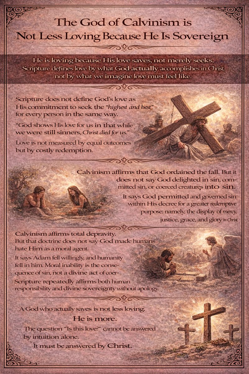 _TeachingBridge's tweet image. The God of Calvinism is not less loving because He is sovereign. He is loving because His love saves, not merely seeks. Scripture defines love by what God actually accomplishes in Christ, not by what we imagine love must feel like.

Let me explain what I mean.

This post is…