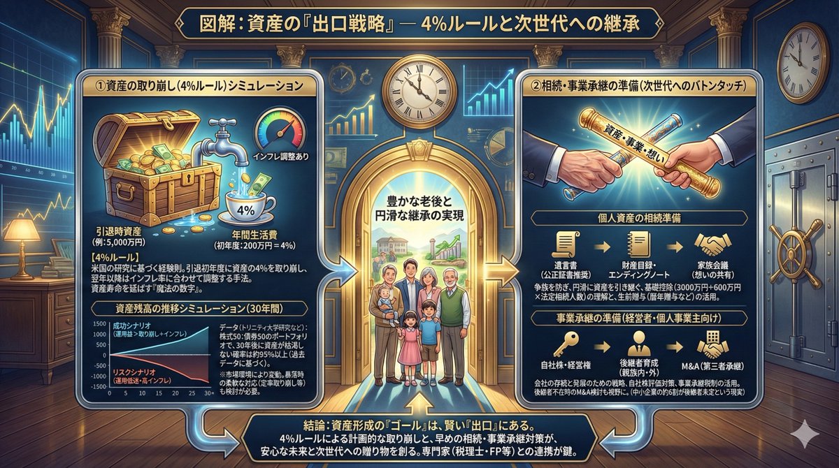 【お金の知識13】
「死ぬ時に通帳の残高が最高額」というのは、ある意味で資産運用の失敗かもしれない。

必死に積み上げた資産をどう「自分と家族の幸せ」に還元するか。4%ルールで生活の質を維持しながら、想いを次世代に繋ぐ。
