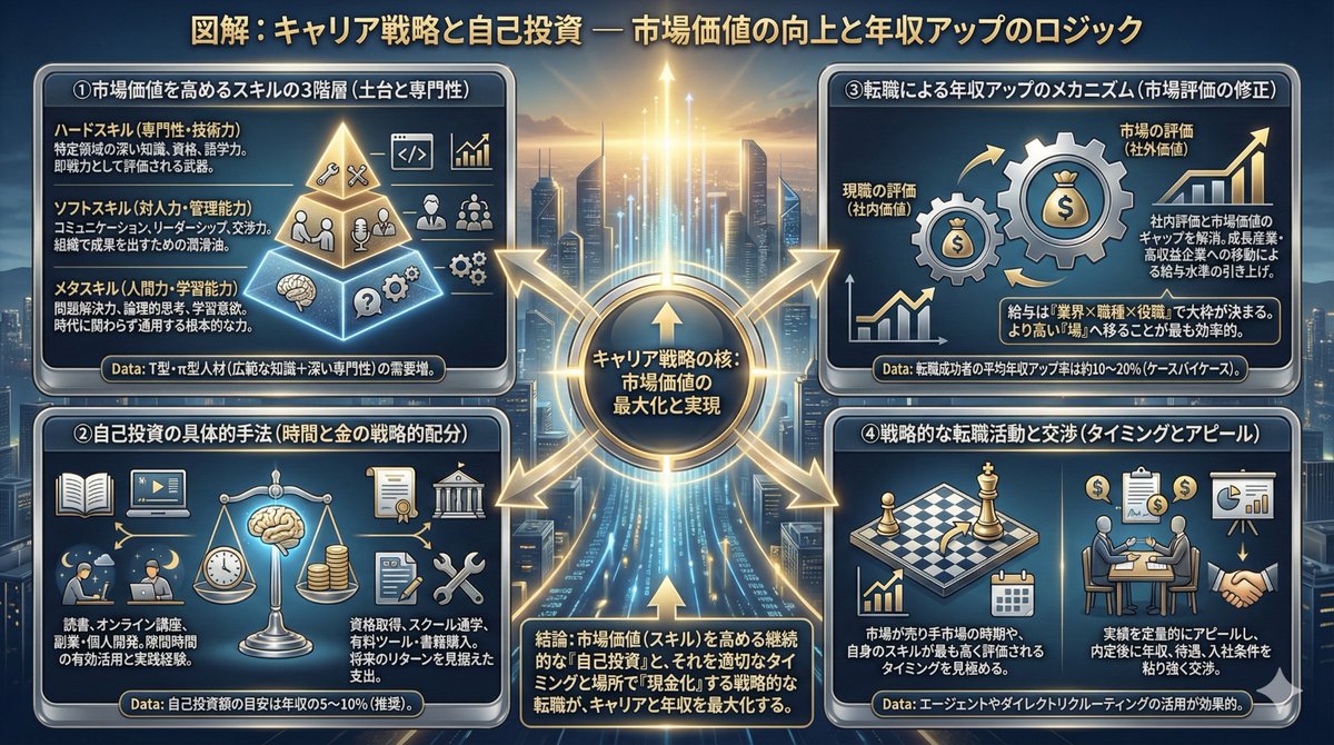 【お金の知識7】
終身雇用が崩壊した時代、これを知っているかどうかで生涯年収に「億」の差が出る。

① スキルの3階層（土台×専門性）
② 自己投資の戦略的配分
③ 年収アップのメカニズム
④ 転職活動の交渉術

市場価値を最大化する全ステップを1枚の図解にまとめました。