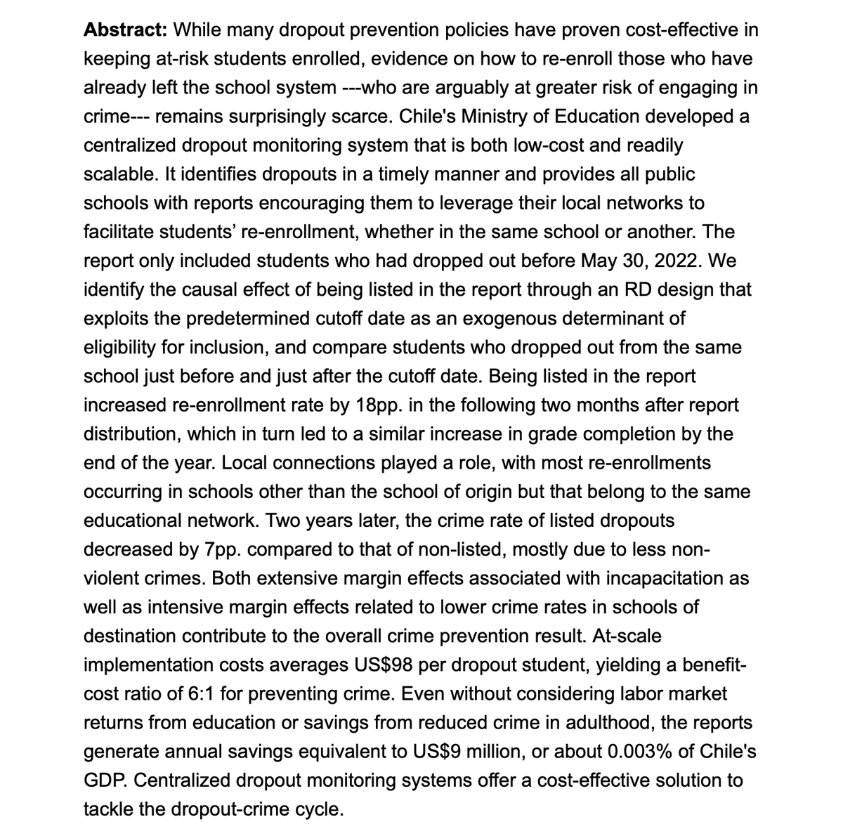 The next ViCE seminar is TODAY, Thursday, January 29, at 1pm ET.

Raimundo Undurraga will present: "School Re-enrollment and Crime Prevention: The Role of Centralized Dropout Monitoring Systems"