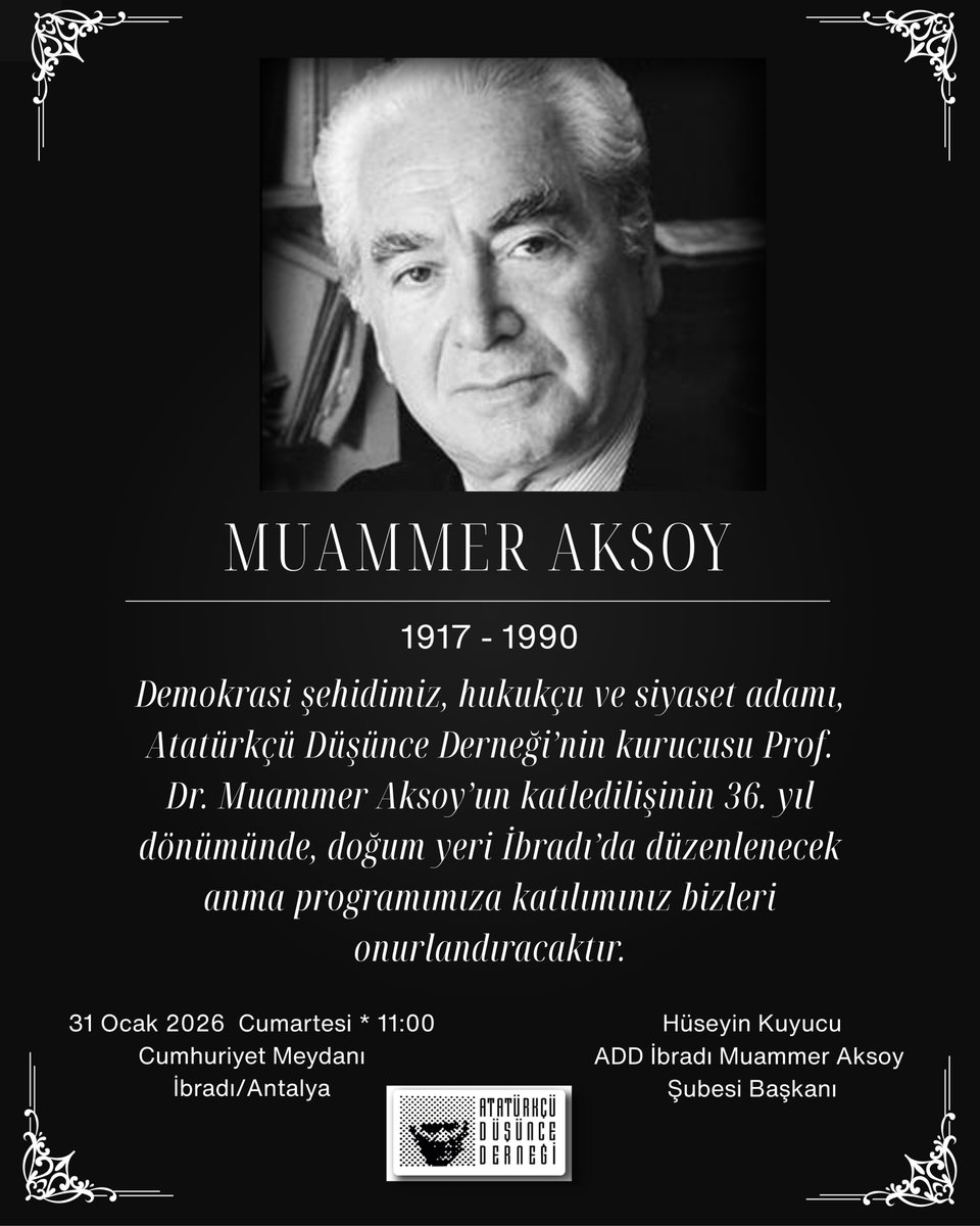 Prof. Dr. Muammer Aksoy’u katledilişinin 36. yıl dönümünde İbradı’da düzenlenecek anma programımıza tüm yurttaşlarımız davetlidir.
<a href="/Hatice_Sekmen07/">Hatice Sekmen</a>