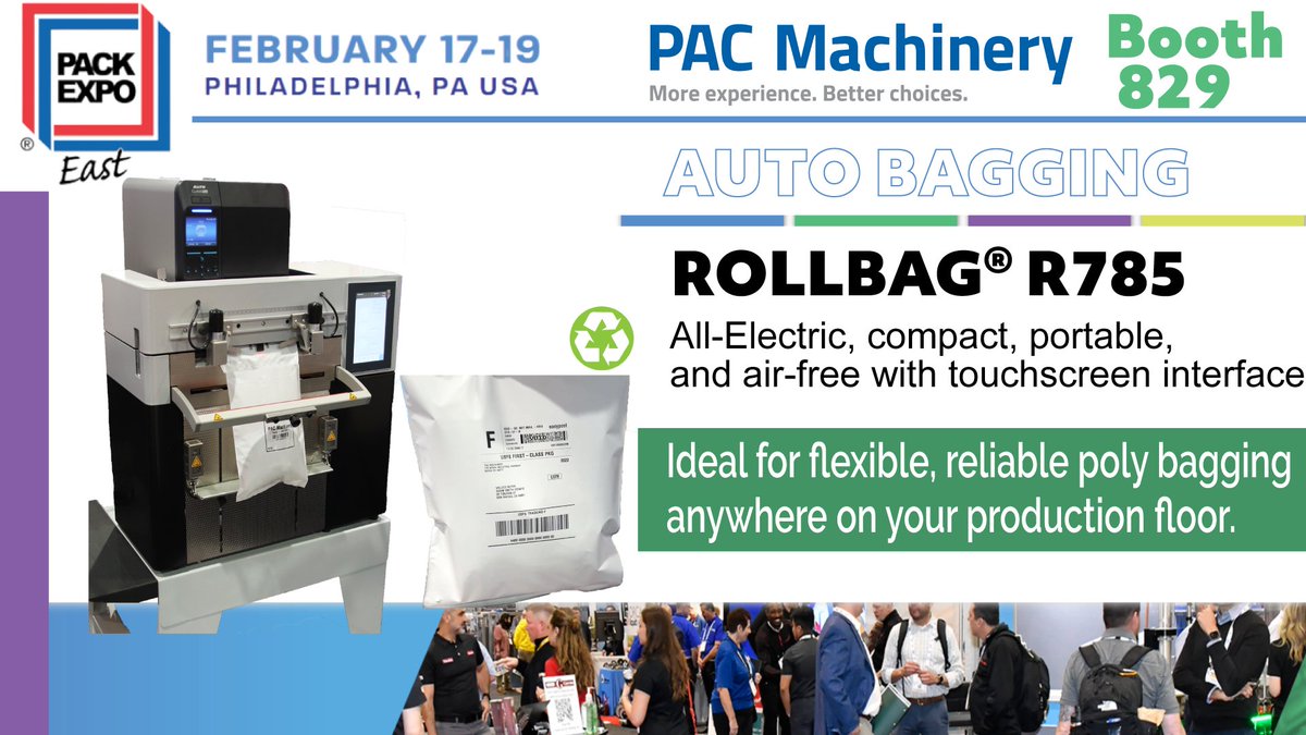 Pac_Machinery's tweet photo. PAC Machinery showcases the Rollbag® R785—an all-electric tabletop #automaticbagger  with advanced printer option on it that eliminates labels by printing shipping info and barcodes directly on poly mailers. See it at #PackExpo East booth 829  https://t.co/xxSDDUxVLl https://t.co/F0eTnOir3g