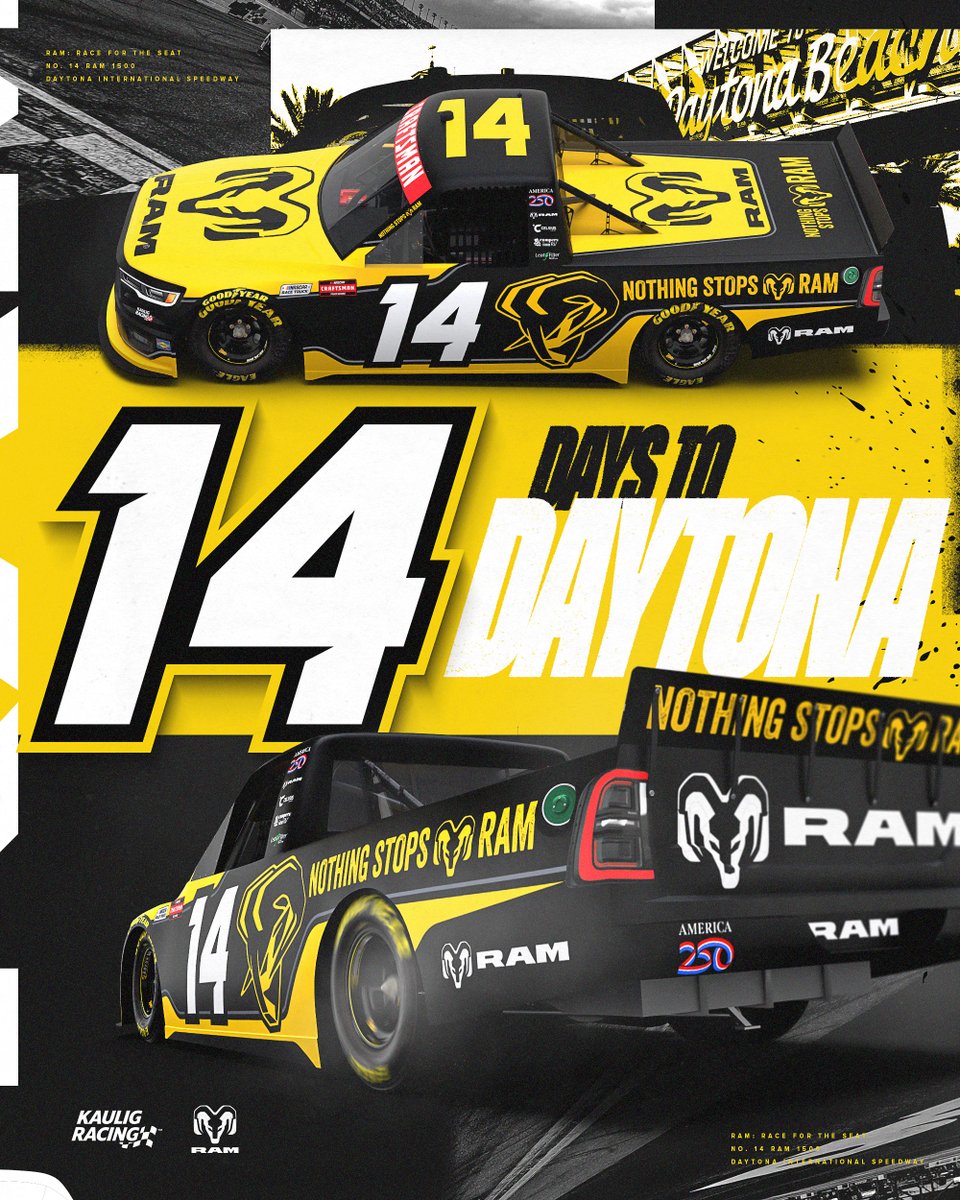 In two weeks the winner of <a href="/racefortheseat/">RAM: Race for the Seat</a> will wheel this sleek black and yellow No. 14 <a href="/RamTrucks/">Ram Trucks</a> 1500 at <a href="/DAYTONA/">Daytona International Speedway</a>! 🌴