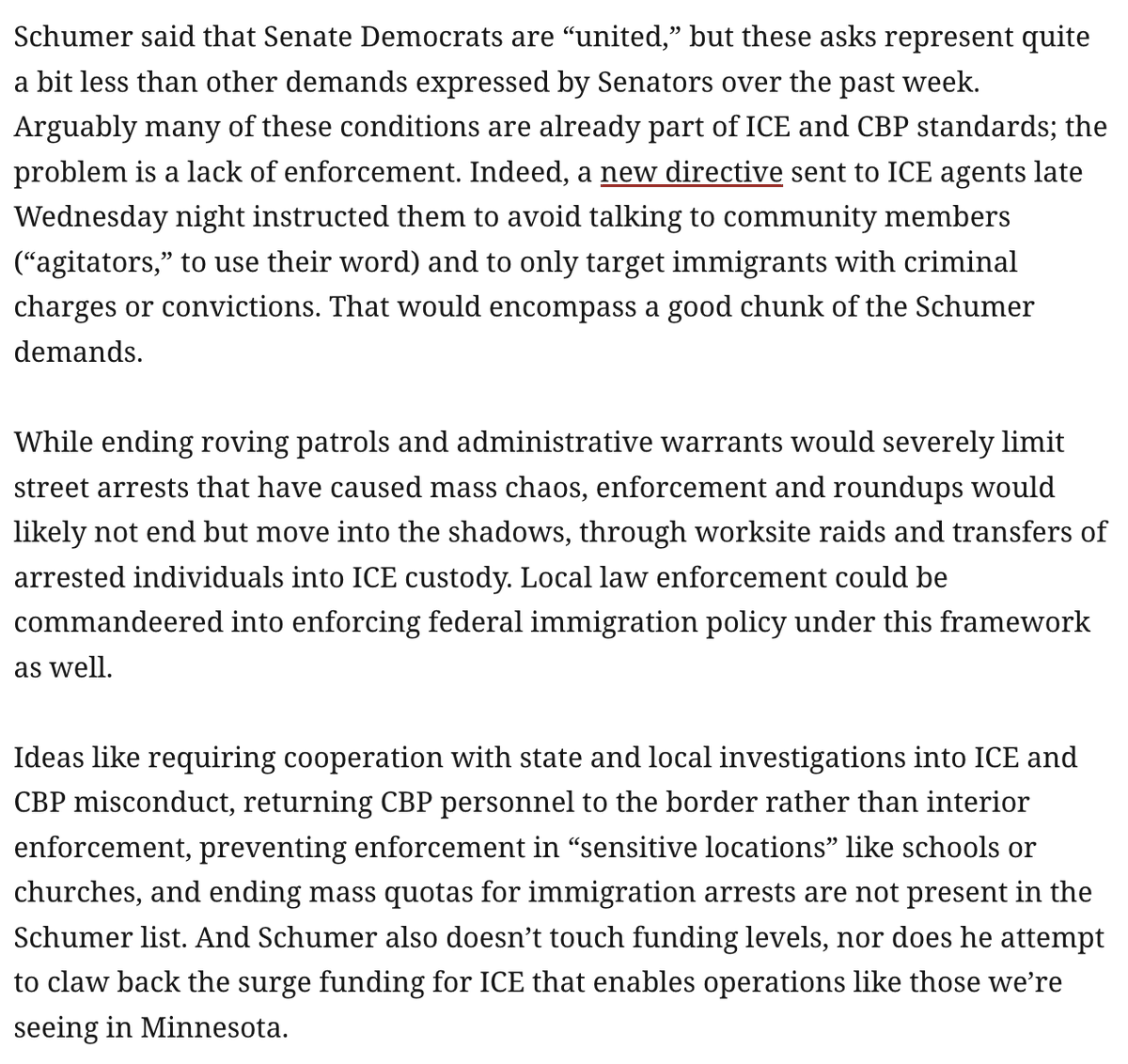 From me: Chuck Schumer's legislative demands for DHS funding are so  narrow they almost mirror what ICE/CBP have just announced in  Minneapolis. Just as Republicans were conceding the need to negotiate,  Democrats pre-negotiated themselves into mush.
prospect.org/2026/01/29/con…