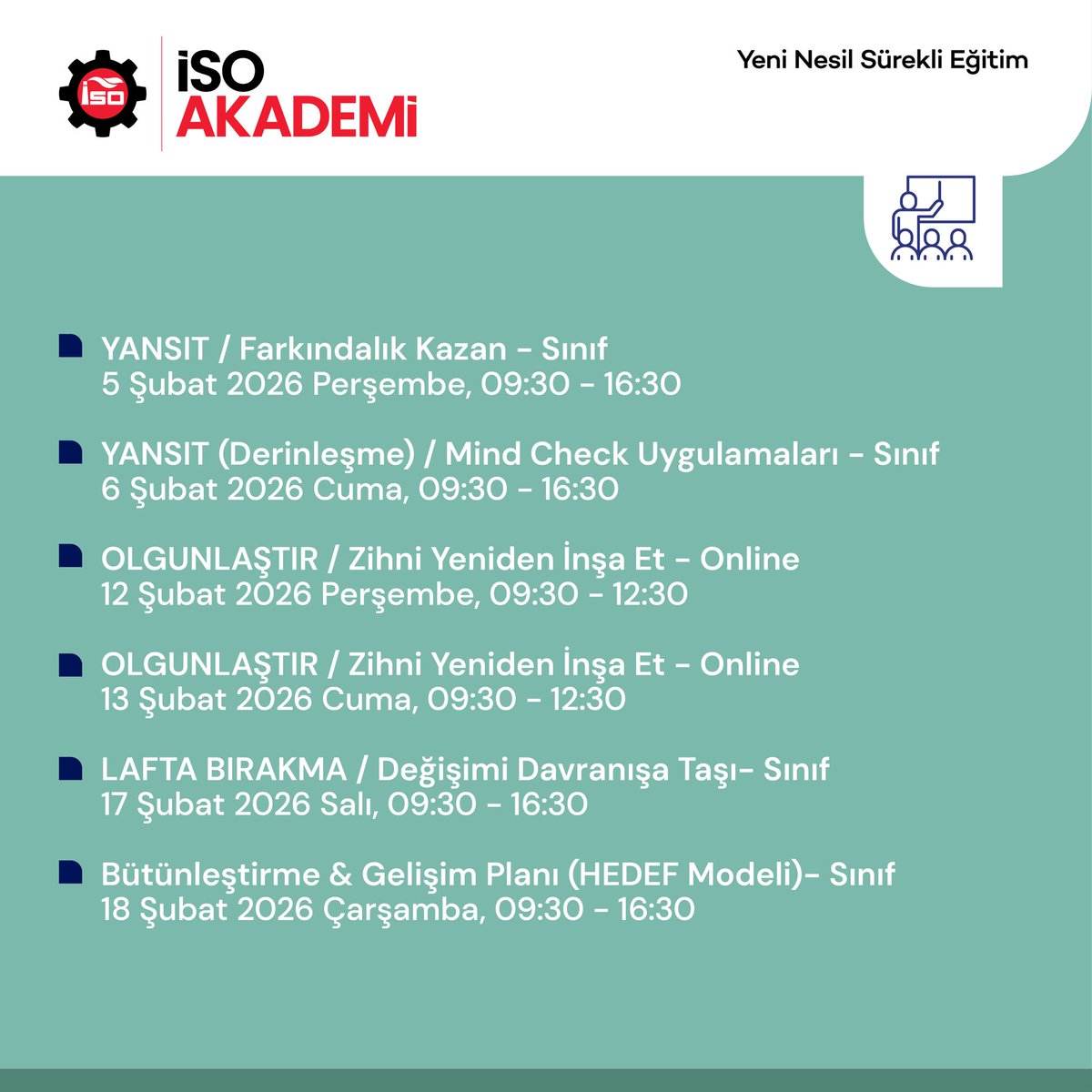 Kendinle Başlayan Liderlik Atölyesi’nde, çalışanların içsel liderlik kapasitelerini keşfetmeleri ve bu farkındalığı sürdürülebilir davranış değişimine dönüştürmeleri ele alınacaktır. 

Atölye kapsamında; zihinsel esneklik, duygusal okuryazarlık ve bireysel farkındalık başlıkları,