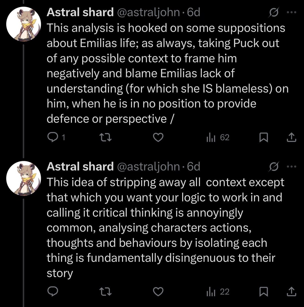 UshiromiyaMemo's tweet image. #Arc3 #MemoRZ 
Literally one of the biggest clowns I‘ve met on rztwt. If you don’t like my livetweets, fine. But if you‘re not capable of bringing some good counterarguments, and just complain like a big fucking nothingburger, then I ask you kindly to mute (or even) block me, for