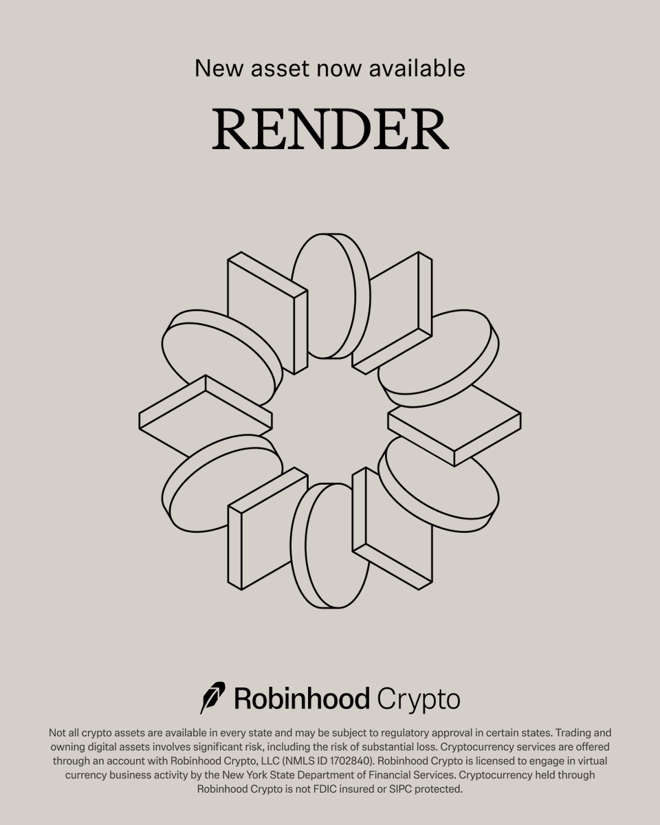 RobinhoodApp's tweet image. $RENDER is now available to trade on Robinhood Crypto, including NY.