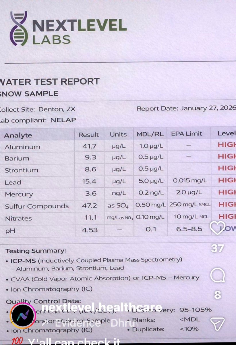 KamVTV's tweet image. Insta keeps taking this down. Well, now I know why! 

This is what was found in snow in Denton, TX — aluminum, barium, strontium, mercury, lead, sulfur, and nitrates — all at dangerously high levels.

These aren’t trace elements. These are toxic chemical compounds known to harm…