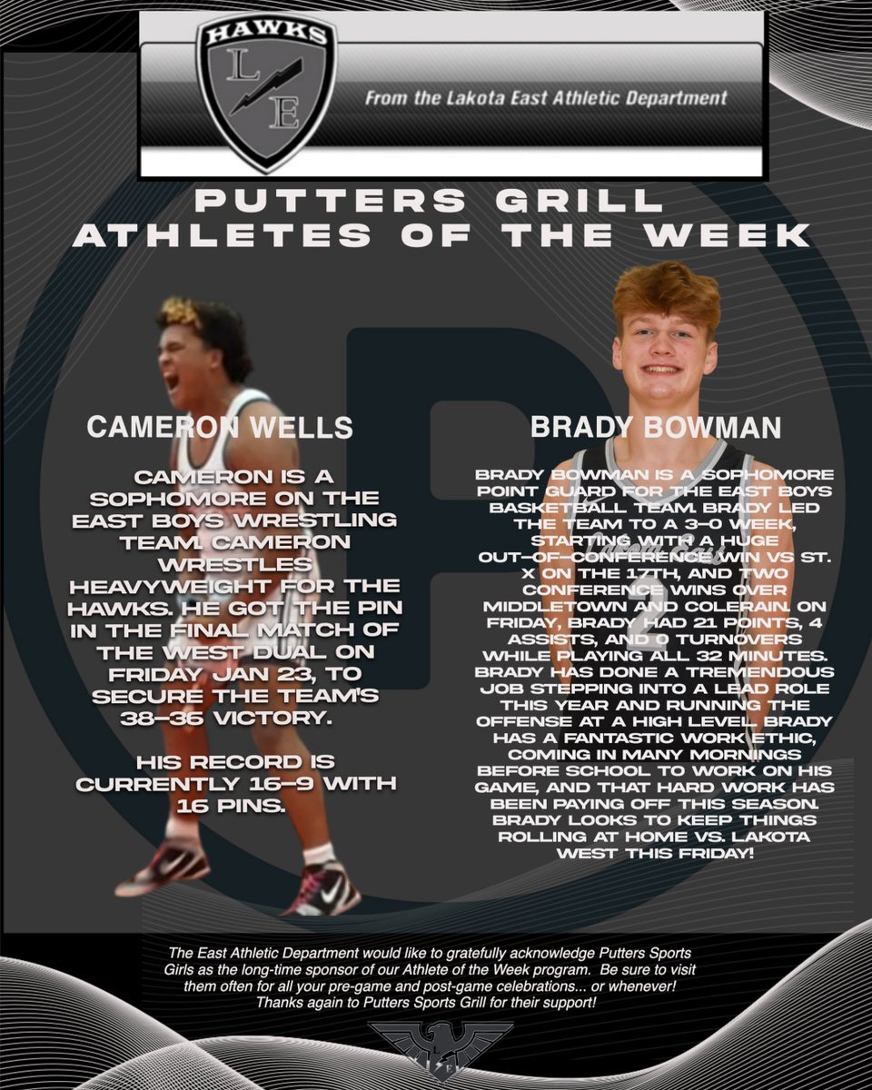 Wells and Bowman are the Lakota East Putters Athletes of the Week for January 29, 2026.