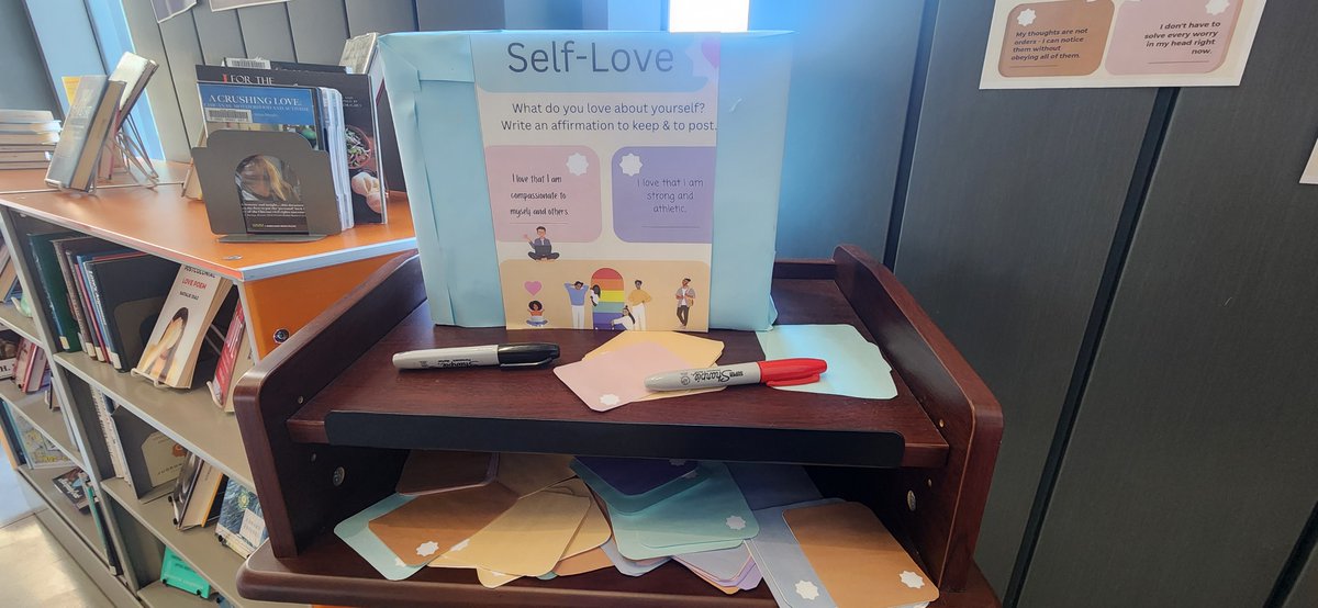 Looking for love this Valentine season? The library has a display of books about self-love and care, and a positive affirmation station.