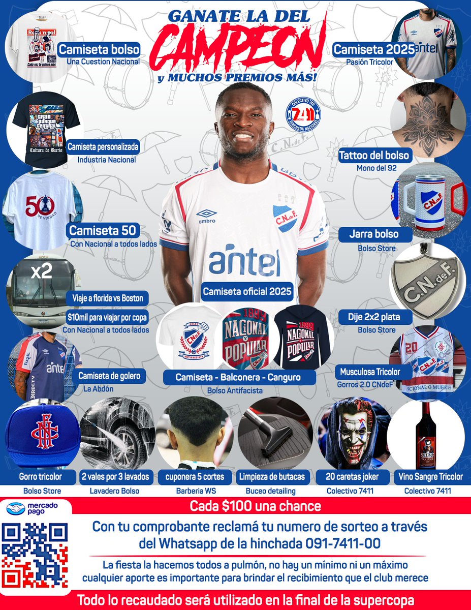 Nacionalofilo11's tweet image. AHORA SI. EL @7411Hinchada TIRO LA CASA POR LA VENTANA. CADA 100 PESOS TENES LA POSIBILIDAD DE GANAR CUALQUIERA DE TODOS ESTOS PREMOS! 

(Si no tenes 100 pesos, cualquier aporte sirve! 10/20/50)
Con cualquier tarjeta lo pueden hacer por mercado pago.  link.mercadopago.com.uy/colectivo7411

o…