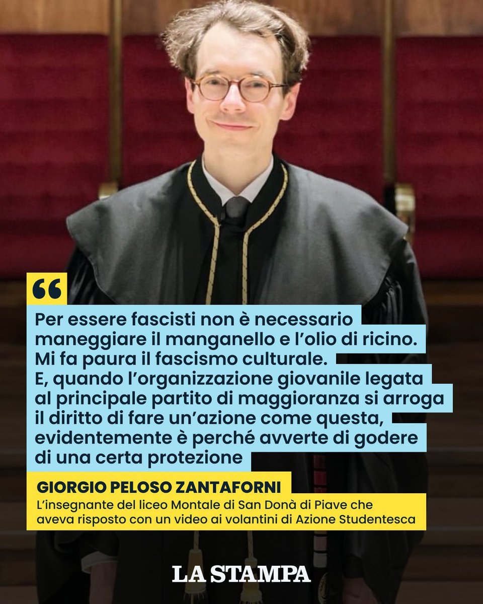 LaStampa's tweet photo. «Mi chiamo Giorgio Peloso Zantaforni. Sono un insegnante di lettere in un liceo e sono di sinistra. Schedatemi pure». È il video di un professore del liceo Montale di San Donà di Piave, in provincia di Venezia. Risposta a un’iniziativa della sezione pordenonese di Azione studentesca, l'associazione legata a Gioventù nazionale che nei giorni scorsi aveva diffuso un questionario tra gli studenti, per chiedere, tra le altre cose, di denunciare eventuali discorsi propagandistici fatti dai professori durante le lezioni.

L’intervista di Laura Berlinghieri su La Stampa

#scuola #italia