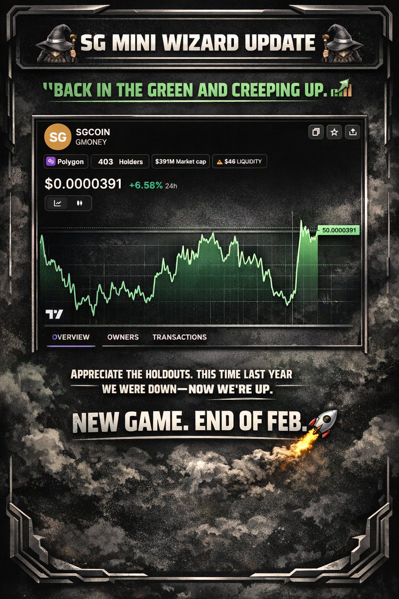 🧙‍♂️ SG MINI WIZARD UPDATE 🧙‍♂️

We’re officially back up in price vs this time last year 📈
Shoutout to everyone who held through the quiet times.
We’ve been building… and it’s almost time to show it.
🎮 New game dropping end of February

Stay tuned. Strap in.
Trust Yourself ✨