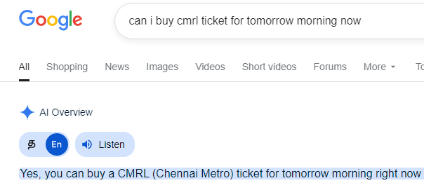 .<a href="/cmrlofficial/">Chennai Metro Rail</a> is this <a href="/Google/">Google</a> response correct? Screen message when purchasing ticket online talks about 120 minutes entry-exit window in station, but is silent about validity, whether for 24 hours or till midnight. Wish you made the user interface less ambiguous.