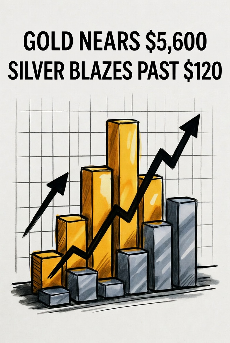 Gold nears $5,600 as safe-haven rush intensifies; silver blazes past $120

#Gold advanced to a record high close to $5,600 an ounce on Thursday, as investors sought refuge from escalating geopolitical tensions and weakening economic signals in the United States.

#Silver also