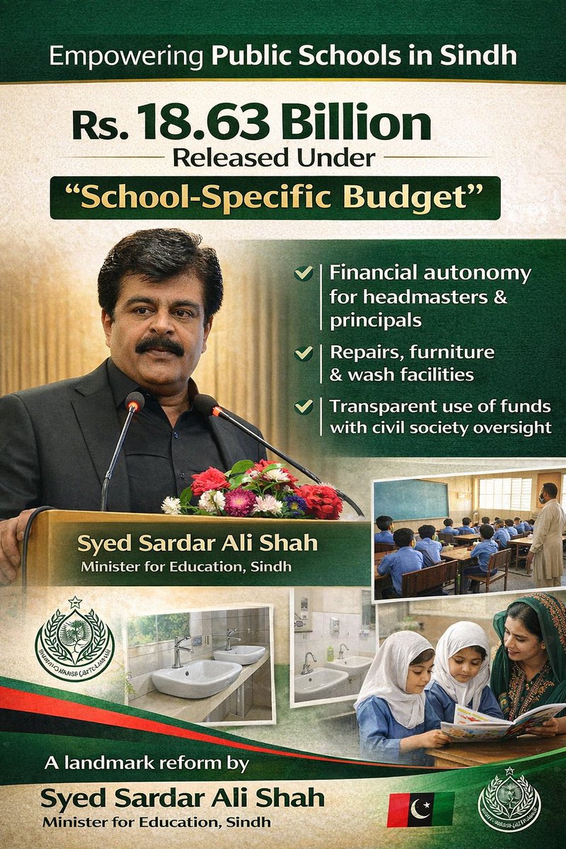 " چیئرمین بلاول بھٹو زرداری کے ویژن کے مطابق صوبائ وزیر سید سردار شاھ کا احسن اقدام " 

صوبہ سندھ میں پہلی بار سرکاری اسکولوں کو انتظامی اور مالی طور پر مضبوط بنانے کے لیے “اسکول اسپیسفک بجٹ” کے تحت 18 ارب 63 کروڑ روپے جاری کیے گئے ہیں۔ 
#SindhGovt
#SindhEducation