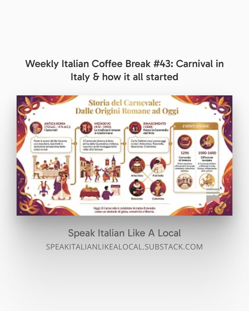 Weekly Italian Coffee Break #43: Carnival in Italy &amp; how it all started 
Ever wonder why Italians put on masks, eat their weight in fried pastries, and then set a dummy on fire?

#ItalianCulture #Carnevale #LearnItalian #ItalianTraditions #ItalyTravel