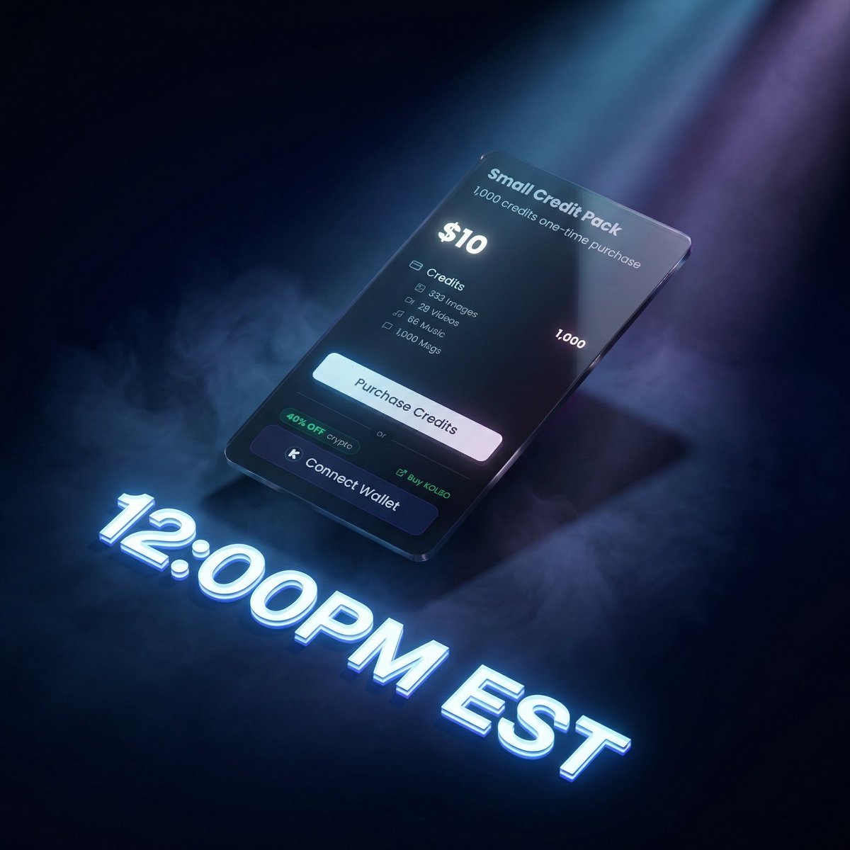 Today, 12:00 PM EST  

First-ever AI platform crypto utility launch.  
Live with the audience, we will push the button to launch the possibility to buy Kolbo credits with Kolbo coin.

<a href="/pumpspotlight/">Spotlight</a>  <a href="/Pumpfun/">Pump.fun</a>