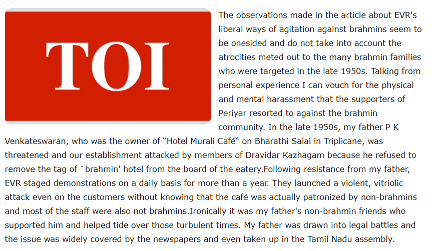 Gen Z kiddo says "Nobody has a problem with iyengar bakeries". One history lesson for Gen-Z kiddo.

In late 1950s, DK launched violent attacks on customers of Hotel Murali Cafe, patronized by Brahmins and non-Brahmins alike, with staff from all communities, simply for refusing to