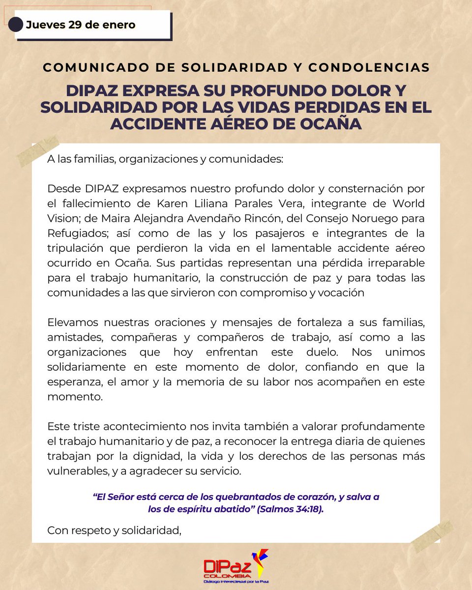 DiPazOficial's tweet image. #ComunicadoSolidaridad | Lamentamos profundamente las vidas perdidas en el accidente aéreo que cubría la ruta Cúcuta-Ocaña.

Nos unimos en solidaridad y elevamos nuestras oraciones para sus seres queridos, colegas y comunidades.