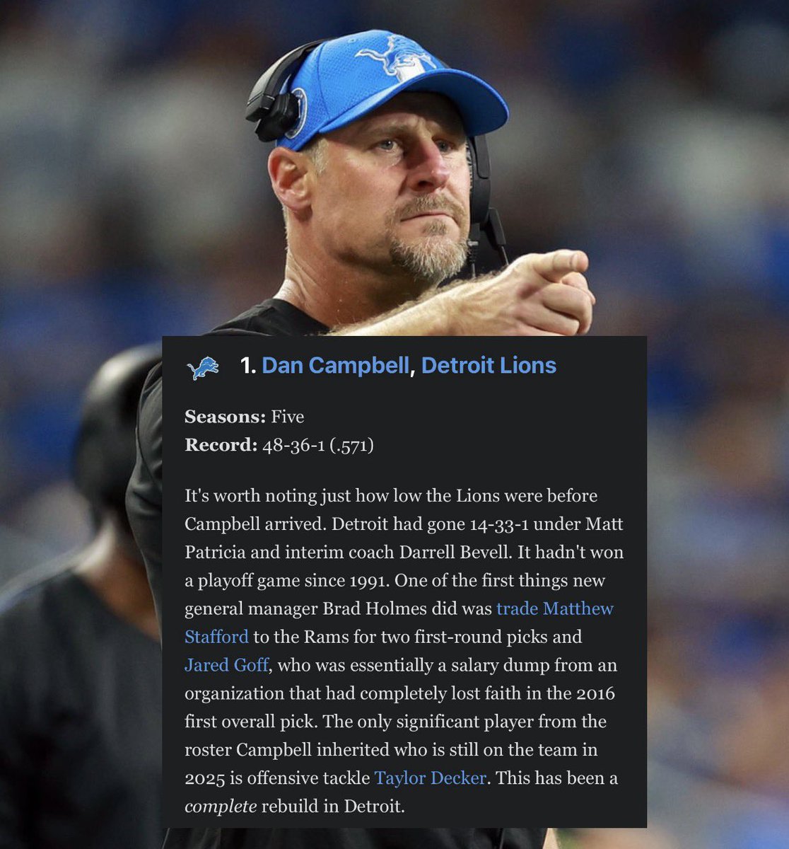 the_det_times's tweet image. ESPN ranked Lions HC Dan Campbell as the best HC in the NFL since 2021 👀🔥