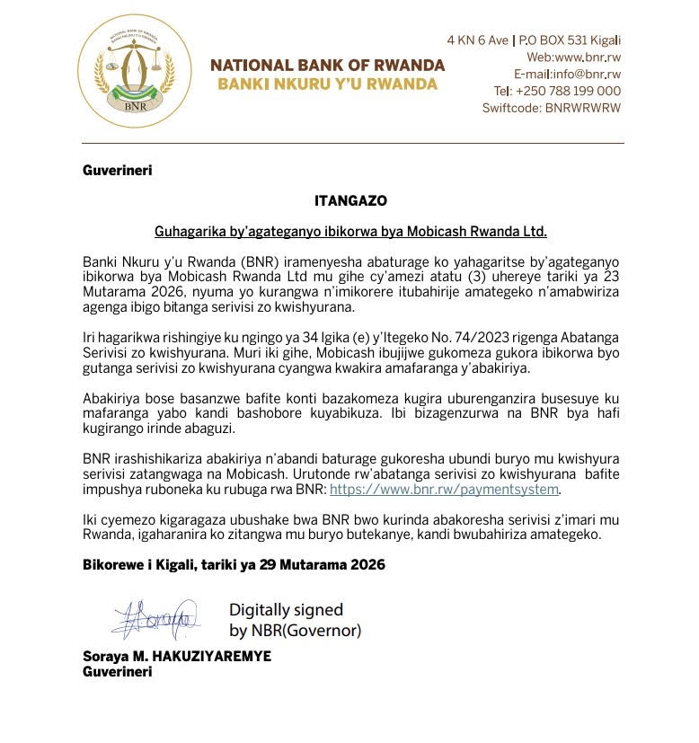𝐈𝐭𝐚𝐧𝐠𝐚𝐳𝐨: Ihagarikwa ry'agateganyo rya Mobicash Rwanda Ltd. 

#BNREngage
#KnowYourCentralBank