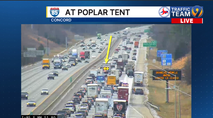 TrafficTeam9's tweet image. ALERT: Another disabled vehicle on I-85 SB in #ConcordNC blocking the center lane.  This one is near Poplar Tent Rd. #CabarrusCo #clt #cltraffic #clttraffic