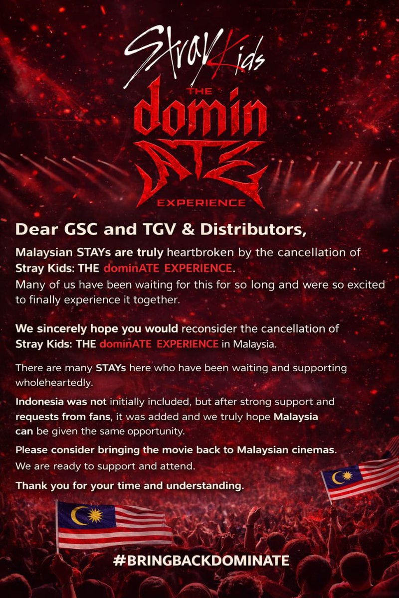 Amelia_Aishah's tweet photo. @kiwiberriy @SKZMYUnion Stays u guys can post and repost and tag &amp; hashtag..dont give up.
@TGVCinemas @GSCinemas @Stray_Kids @LiveNation @jypnation
#BringSKZTheDominateExperienceToMalaysia
#BringDominATEtoMalaysia
#StrayKidsMalaysia #MYSTAYs #StrayKids https://t.co/IiPHKelBdX