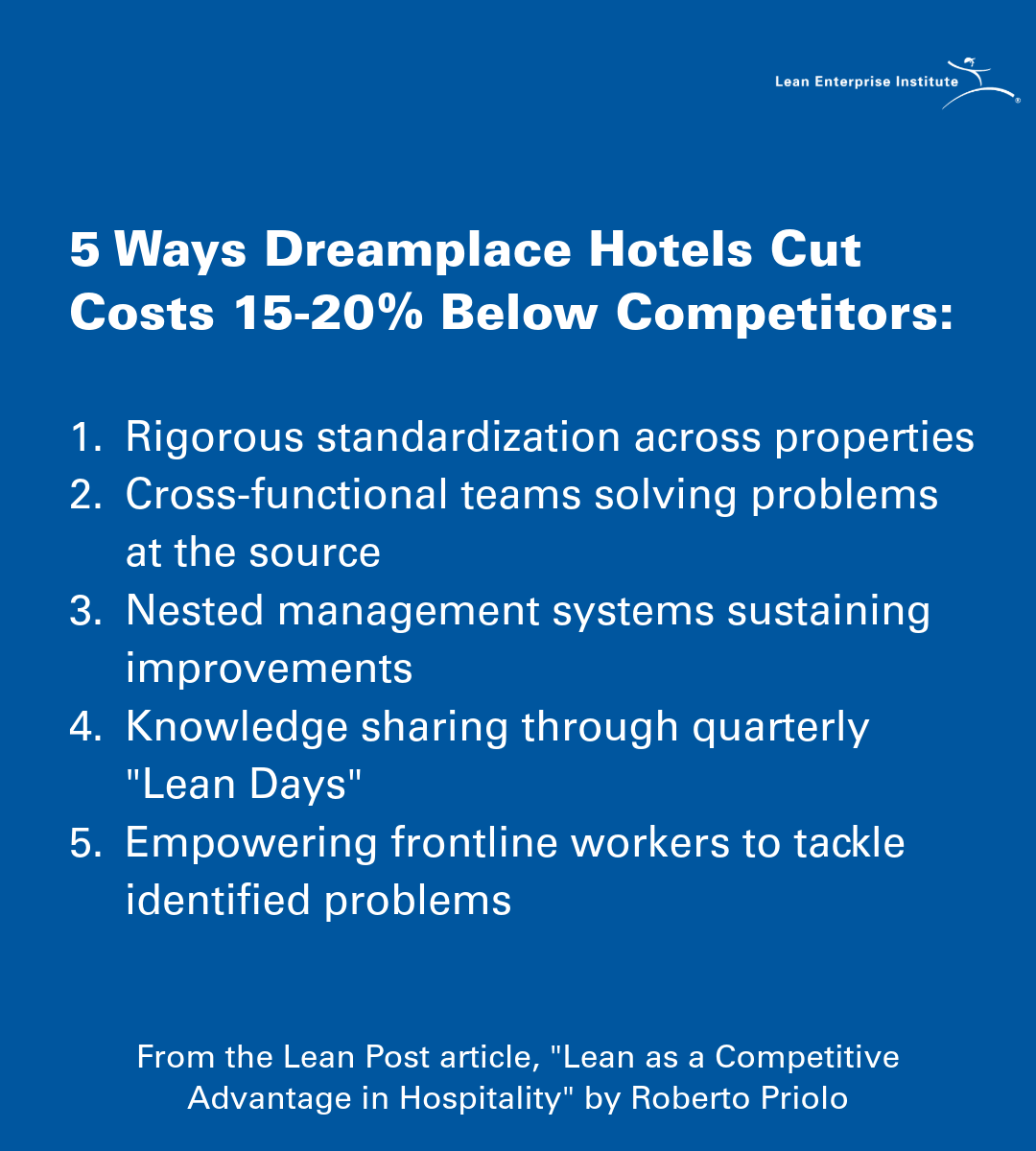 By applying lean thinking across its hotel group, Dreamplace achieved 15–20% lower costs than competitors—while improving the guest experience and strengthening team engagement.

Read the full story: hubs.li/Q040D4430

#Hospitality #ContinuousImprovement #CustomerExperience
