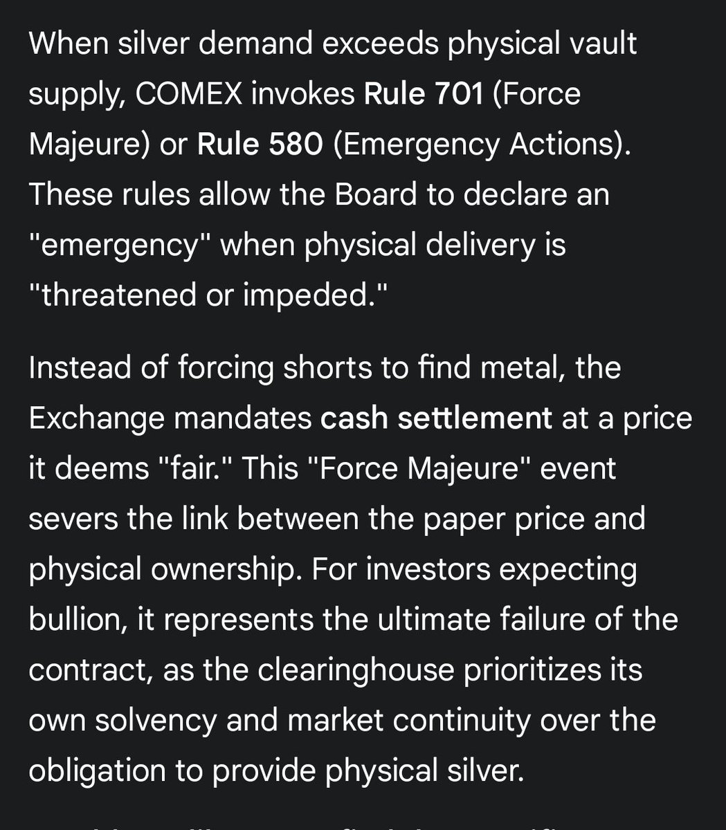 BullionaireBob's tweet image. 🚨 FORCED CASH SETTLEMENT 🚨 

Coming soon to a COMEX theater near you 😎 

The March delivery contract will likely see RULE 701 and or RULE 580 invoked ⚖️ 

Explanation attached 👇

Great short interview clip below 👇