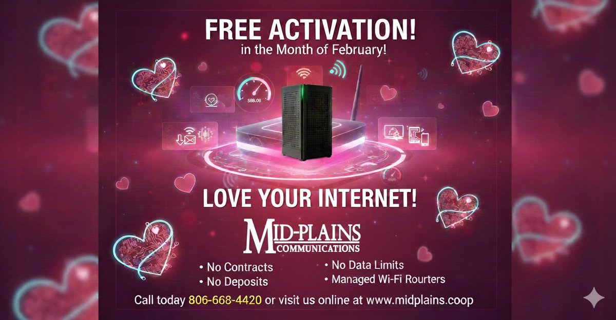 STARTING MONDAY!!!
FEBRUARY SPECIAL
FREE Activation ($75 value!)

Up to 1 Gig speeds 
Starting at $39.95/month
Managed Wi-Fi available

Call 806-668-4420 or visit midplains.coop
Limited time offer!
#MidPlains #FreeActivation #February