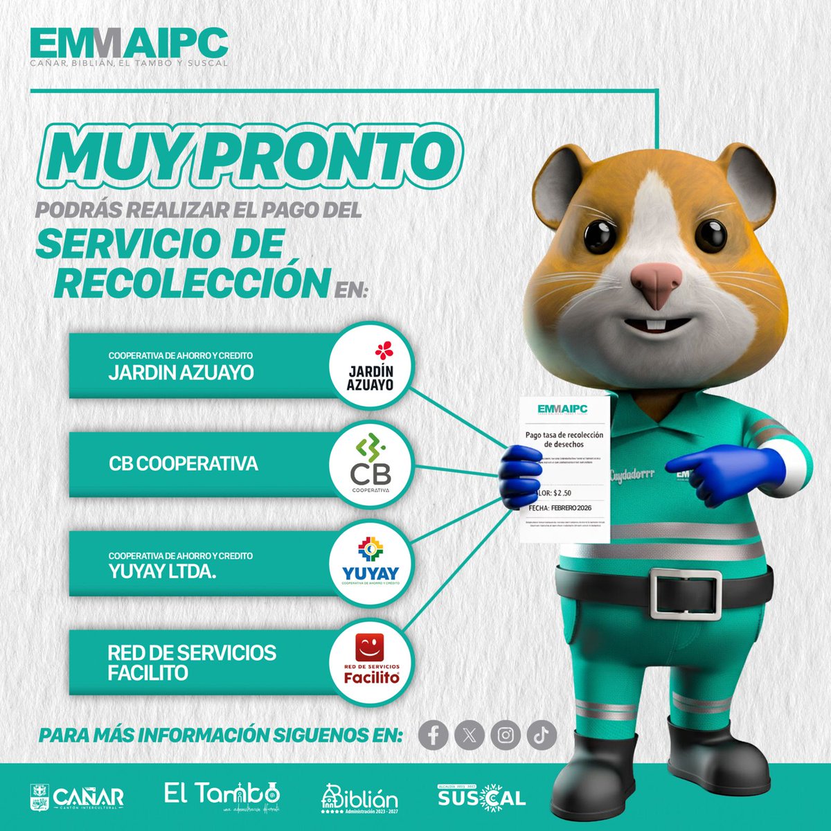 emmaipc's tweet photo. 💚 Buenas noticias para la ciudadanía 💚
Muy pronto podrás pagar tu tasa de recolección de desechos en cooperativas y puntos autorizados, cerca de ti.
EMMAIPC-EP te ofrece más alternativas, más facilidad y mejor servicio. https://t.co/MNXzB4oeAg