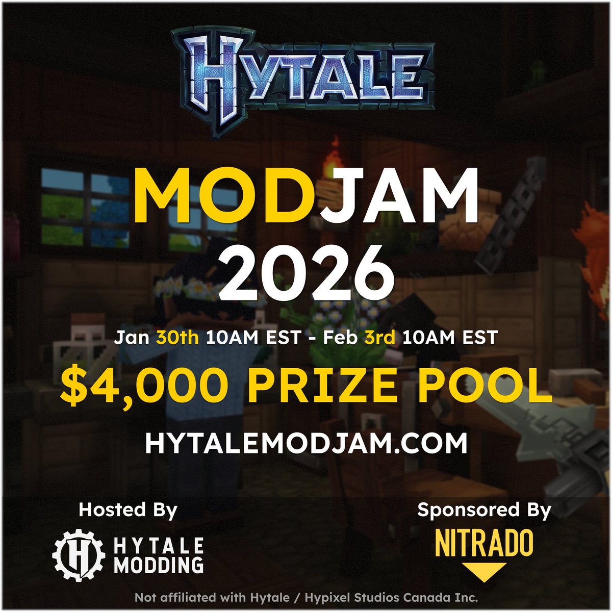 🚀 Hytale's First ModJam is here! 

Create a Hytale mod in 96 hours, compete for $4,000 in prizes, and get judged live by <a href="/KweebecCorner/">KC Hytale</a>, @kaupenjoe, <a href="/hawkon/">hawkon</a>, and @inthelittlewood.

Proudly sponsored by <a href="/Nitrado/">Nitrado 👾</a> 
🗓️Starts in 24 HOURS!
🌐hytalemodjam.com