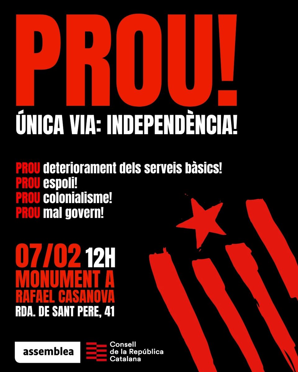 🔴Canvi a l'inici del recorregut🔴

La manifestació #PROU del dissabte 7 a les 12 h finalment començarà des del Monument a Rafael Casanova (Rda. Sant Pere, 41), a només 2 minuts a peu de l'Arc de Triomf.

Cal ser-hi tots!
Única via: independència!