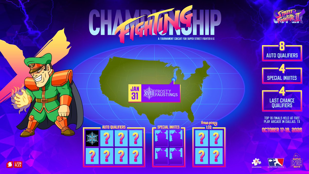 CHAMPIONSHIP FIGHTING, a tournament circuit for Super Street Fighter II X, kicks off this weekend at Frosty Faustings!

The champion will earn a spot at the CF Finals on October 17-18 hosted at Free Play Arcade in Dallas, TX.

Stay tuned for more info!

2xcf.net