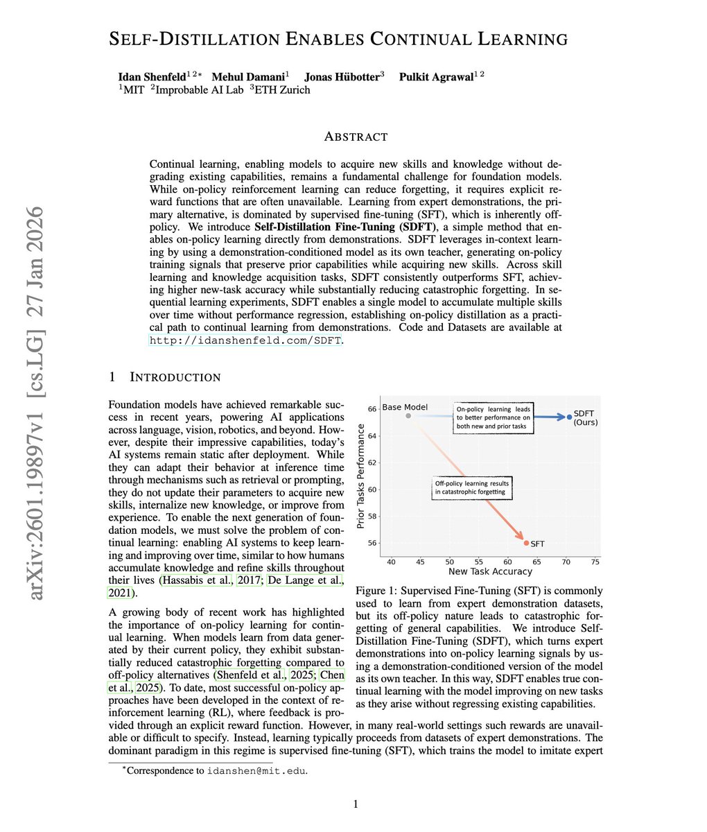 2026 is the year of continual learning

And we are getting some amazing papers towards that

This paper introduces Self-Distillation Fine-Tuning (SDFT): on-policy continual learning from expert demonstrations, with no explicit reward inference or engineering

The trick here is: