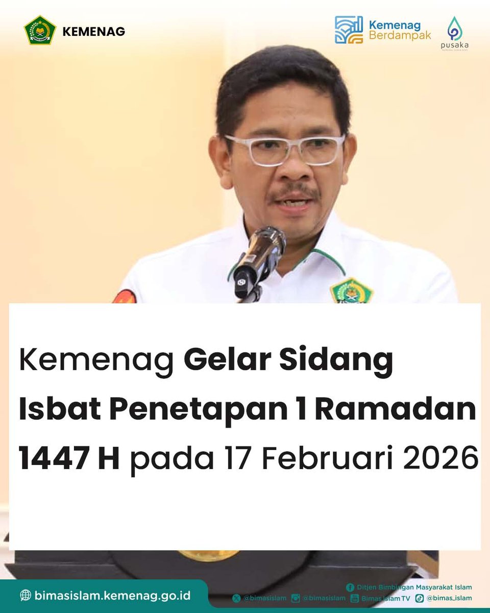 Jakarta, Bimas Islam — Kementerian Agama akan menggelar Sidang Isbat penetapan awal Ramadan 1447 Hijriah pada Selasa, 17 Februari 2026. Sidang akan berlangsung di Auditorium H.M. Rasjidi, Kantor Kementerian Agama, Jakarta, mulai pukul 16.00 WIB.

#puasa #sidangisbat #ramadan1447H