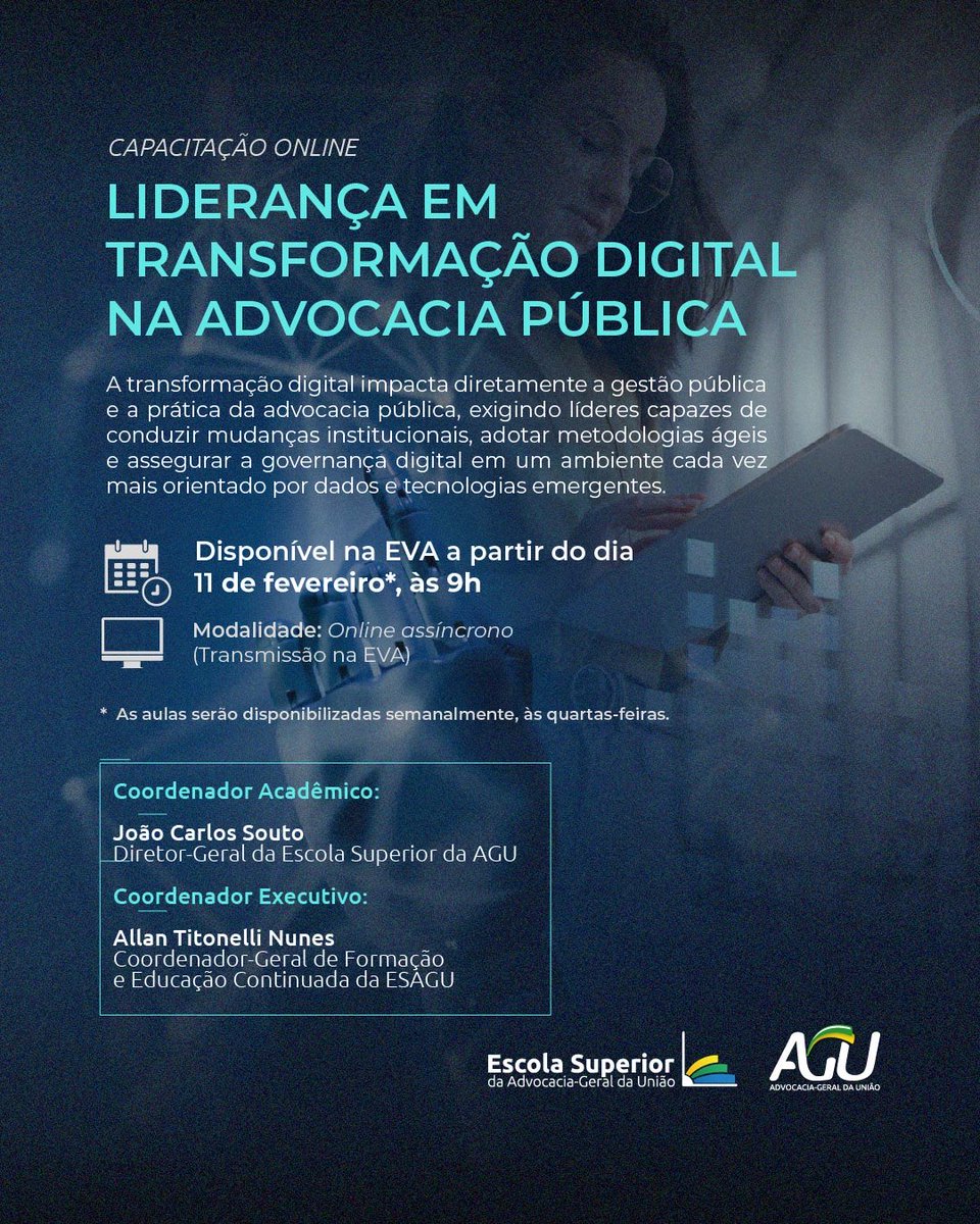 🚀 Novo curso na EVA: Liderança em Transformação Digital na Advocacia Pública! 💻⚖️

A <a href="/esagu_/">Escola Superior da AGU</a> lança capacitação sobre inovação, IA e governança para gestores e membros.

Coordenação: João Carlos Souto e Allan Titonelli Nunes.

Início: 11/02, às 9h.