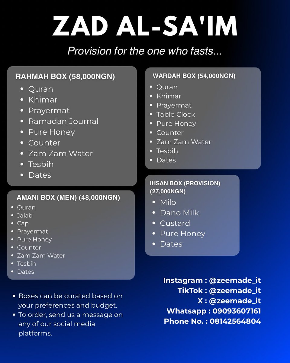 zeemade_it's tweet image. I take God beg you help me RETWEET.🙏🫶💙

Our Ramadan exclusive packages are  available as seen.🌙
We have the Rahmah , the Wardah. the Amani ( for men) and lastly the Ihsan box ( the provisions box).

Each Zad Al Sa’im box is carefully curated to nourish the body, heart, and…