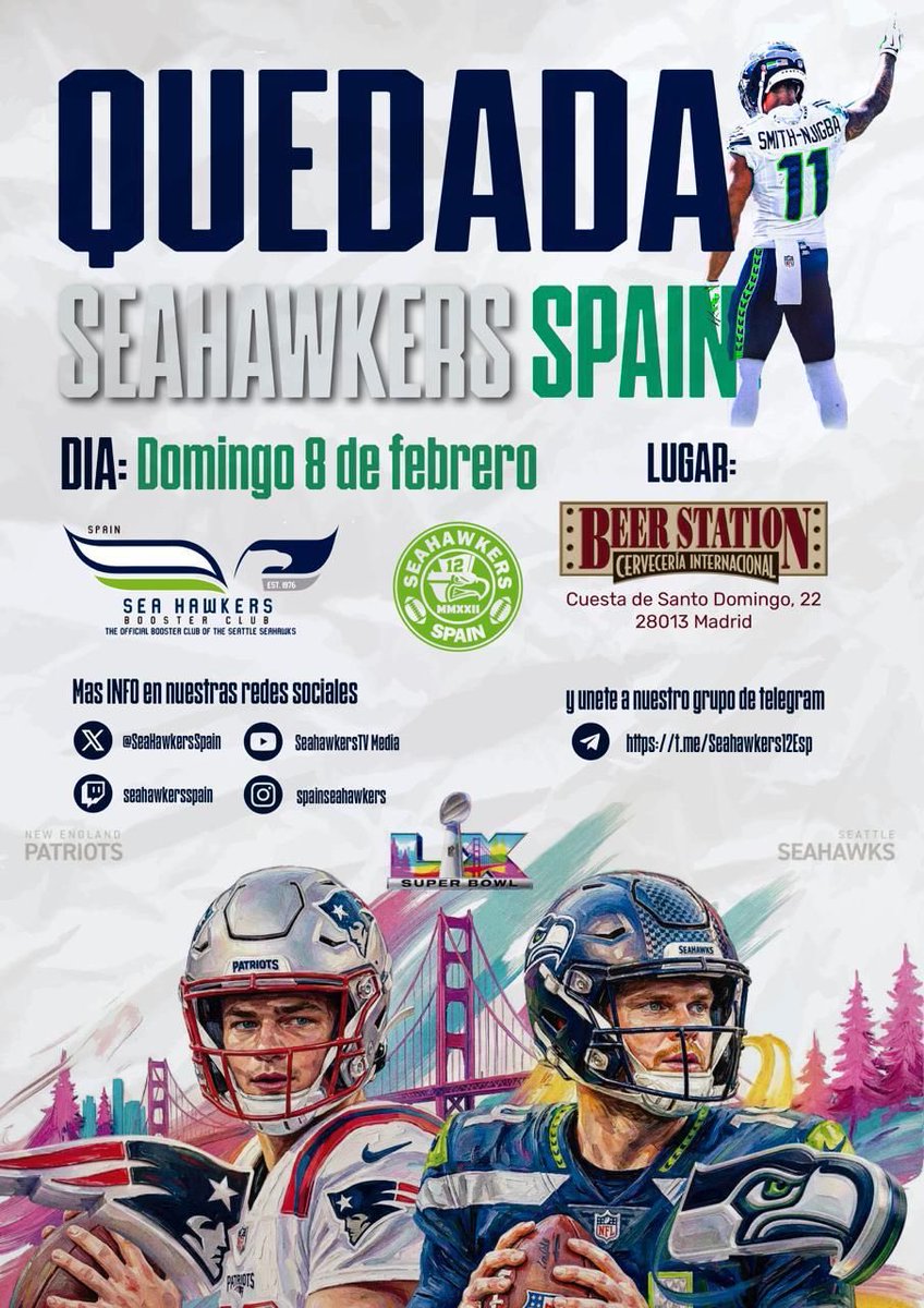 🔊 ¡¡Seahawkeeeeeers!! 💙💚

Tenemos cita el próximo domingo. 𝐖𝐚𝐭𝐜𝐡 𝐏𝐚𝐫𝐭𝐲 de <a href="/SeaHawkersSpain/">Seahawkers Spain 🏈🎡</a> 𝐒𝐮́𝐩𝐞𝐫 𝐁𝐨𝐰𝐥 𝐋𝐗 

<a href="/BeerStationMad/">Beer Station</a> nos abre sus puertas para un partido que llevábamos esperando mucho tiempo. 

Únete al Booster oficial de <a href="/Sea_Hawkers/">Sea Hawkers Booster Club</a> en España.