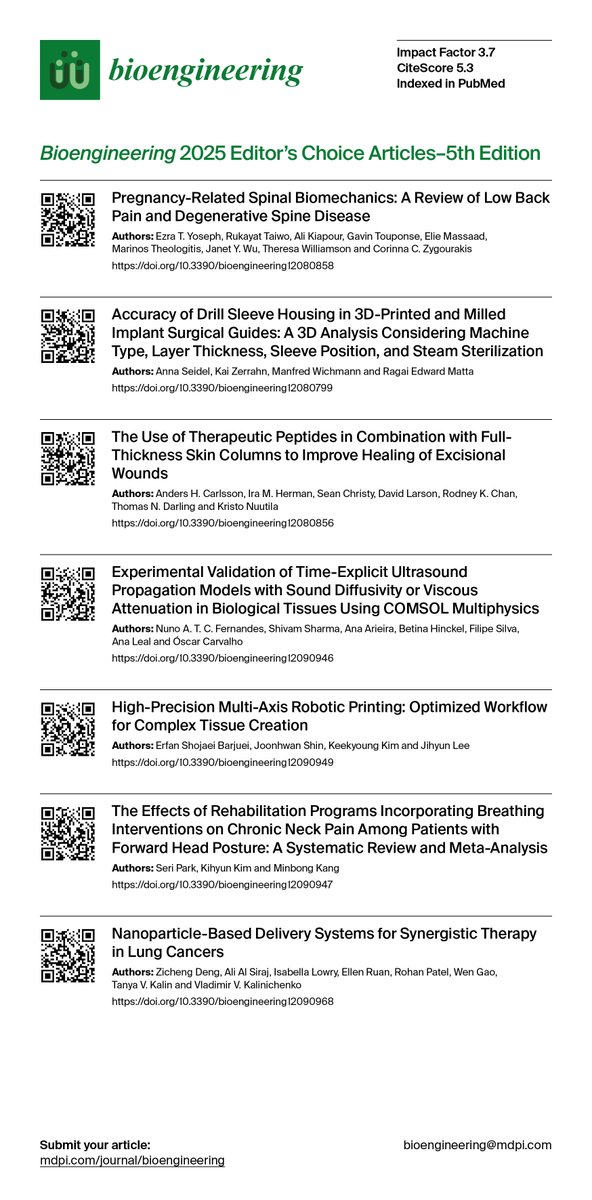Bioeng_MDPI's tweet image. 💥Check out the First Edition of our Editor's Choice Papers from 2025  
📌 #SpineBiomechanics #LowBackPain #3DPrinting #RoboticPrinting #WoundHealing #TherapeuticPeptides #UltrasoundModeling #Rehabilitation #BreathingTherapy #Nanoparticles #LungCancer