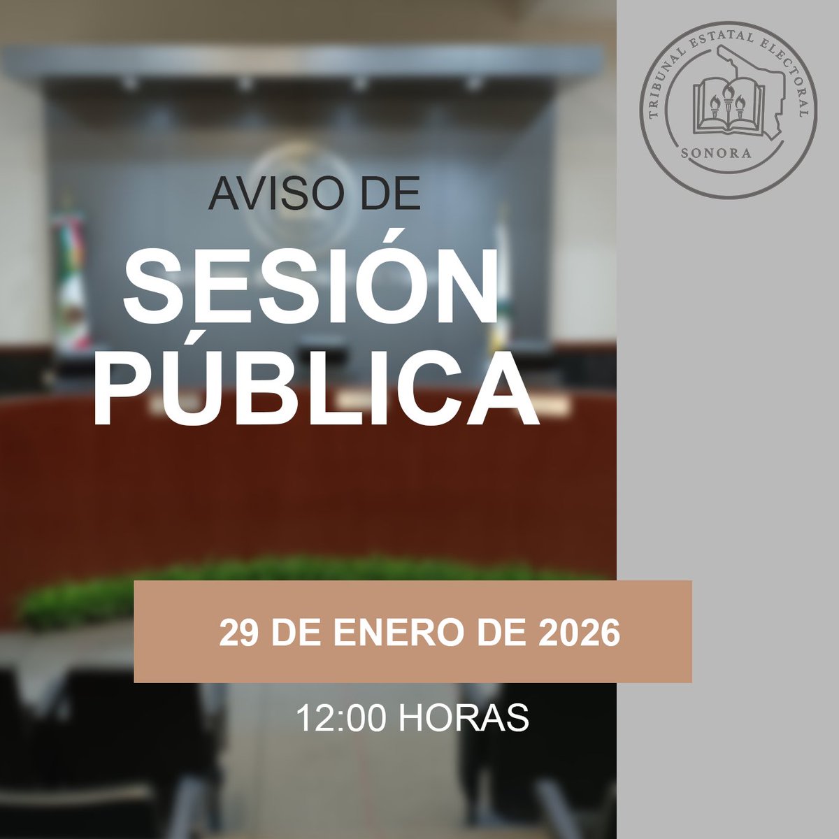 🔔 Hoy se celebrará Sesión Pública del TEE. Consulta los temas a tratar en: teesonora.org.mx/docs/sesiones-…

🗓️ Jueves 29 de enero  de 2026.
⏰ 12:00 horas.

Sigue la transmisión en vivo: youtube.com/@teesonora

#TEEsonora #SesiónPública #JusticiaElectoral