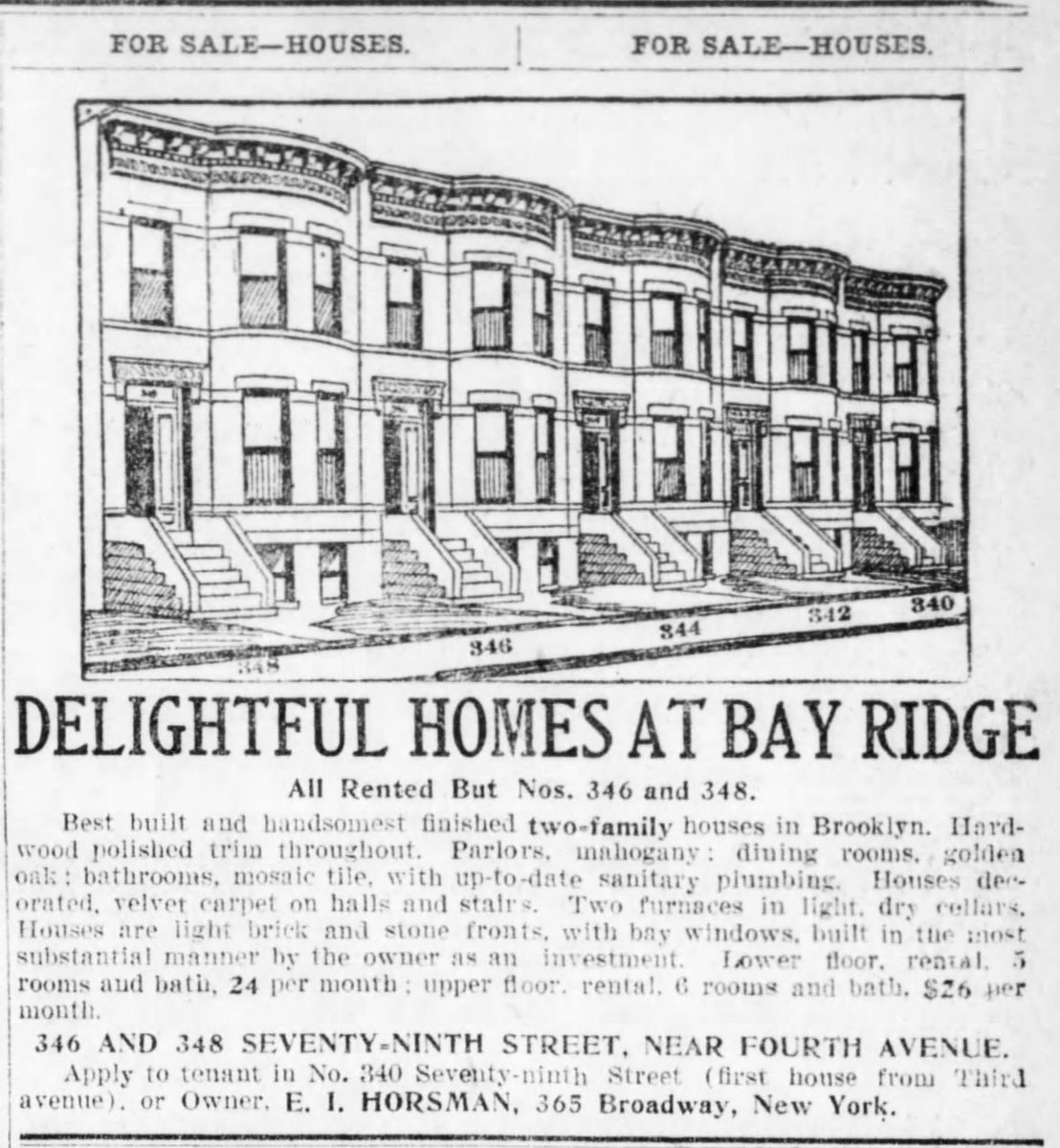 BrownstoneDetec's tweet image. "Velvet carpet on halls and stairs!" - from an ad for 2-family #limestones at Nos. 340-348 79th St in #BayRidge #Brooklyn, c. 1907. They were renting at $24/$26/mo.
