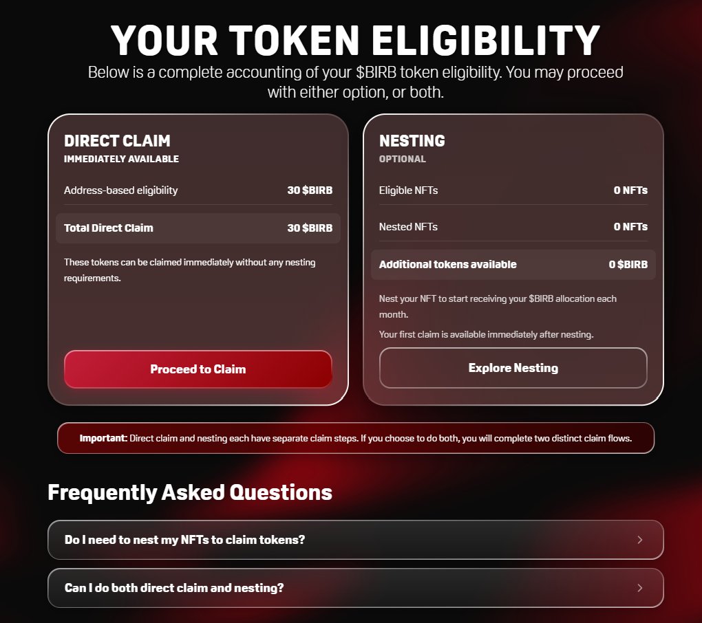 月鸟的 $BIRB 空投可以领了
除了 Kaito 给的徽章，和月鸟一点关联都没有
搞不懂这三十个是哪来的空投😂
有没有NFT都查查看，出其不意老有猪脚饭
👉传送门：claim.moonbirds.com/claim