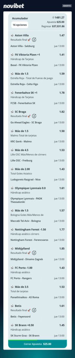 La semana pasada un suscriptor armó su lista del súper para la Europa League con nuestra plataforma y se quedó a 1 pick de ganar.

Ya nos pasó su parlay para hoy. ¿Lo juegan?
