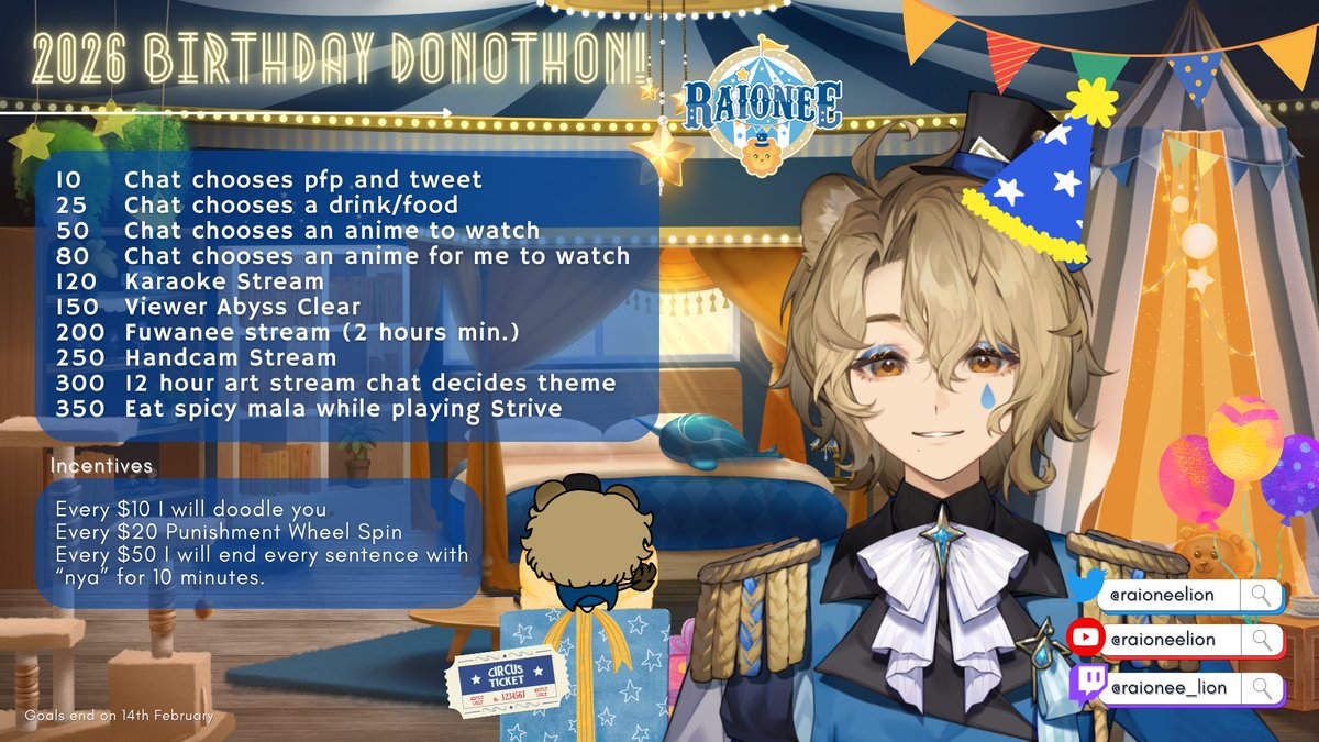 Countdown to my Birthday in 30 minutes! 🥳Will be doing a simple donothon till 14th February. 

LIVE: twitch.tv/raionee_lion