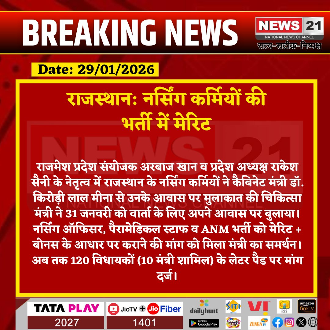 news21national's tweet photo. नर्सिंग कर्मियों की भर्ती में मेरिट 

#BreakingNews #News21National #Rajasthan #NursingStaff #HealthcareWorkers #ArbaazKhan #RakeshSaini #KiroriLalMeena #MedicalRecruitment #MeritAndBonus #ANMStaff #ParamedicalStaff #HealthcareSupport #StatePolicy #NursingRights https://t.co/9lGqnCv26Z