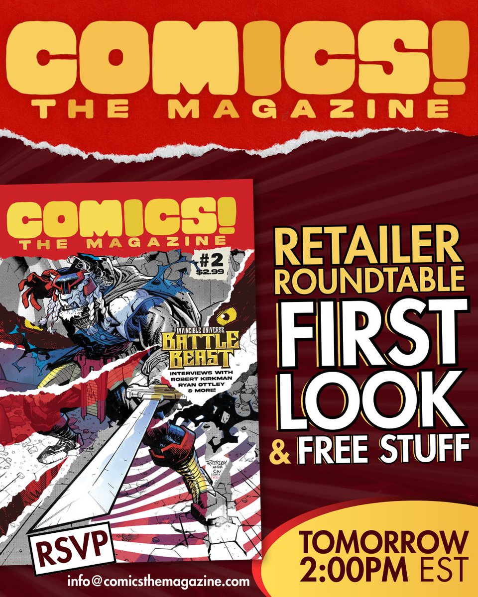 comicsthemag's tweet photo. RETAILERS: quick heads up. 

TOMORROW at 2pm ET, we’re hosting a COMICS! THE MAGAZINE retailer roundtable. Meet the team, preview Issue #1, sneak peeks, Q&amp;A, and free stuff. 

RSVP: info@comicsthemagazine.com 

#comics #comicretail #directmarket https://t.co/JGIXihuEP7