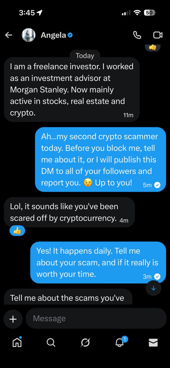JNetien's tweet image. Hello! I'm warning followers of Angela (@Angela5518A) that the account is just a crypto scammer. He is trying to steal from you all! Just a heads up. You can see my DM interaction with them!
Spread the word and BLOCK THEM! 

@ScottShark37990, @cjperfetti6, @ashortt2011,…