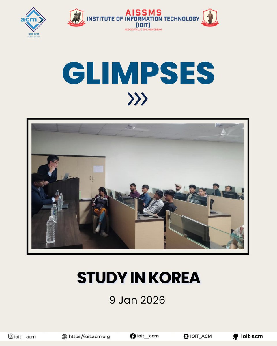 IOIT_ACM's tweet photo. 🌏GLIMPSES | Study in South Korea🇰🇷

A quick look at the interactive seminar on “Study in South Korea”, organized by the AISSMS IOIT ACM Student Chapter on 9 Jan 2026 at AISSMS IOIT.
Led by Mr. Byeong-Yun Cheng, Dean, Ajou University https://t.co/VDVV70dtsP